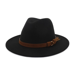 Classic black wide brim felt panama hat with brown leather band and gold ring detail