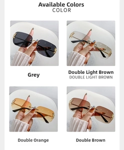 Detailed grid view of butterfly rimless sunglasses in grey, brown, and orange lens colors