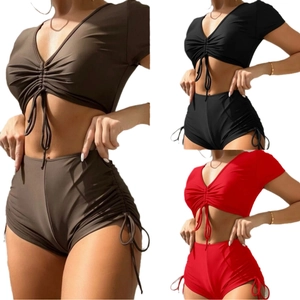 Three colors of two-piece bikini sets with drawstring V-neck tops and high-waist shorts
