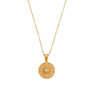 Elegant gold stainless steel compass sunburst pendant necklace with white crystals