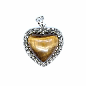 Detailed close-up of a heart-shaped brown tiger eye stone pendant in a silver beaded frame