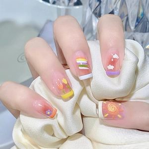 Cute Cartoon Summer Press On Nails Pink Orange Gradient Hand Painted Sun Rainbow Flower Square Round Short Fake Nails With Glue