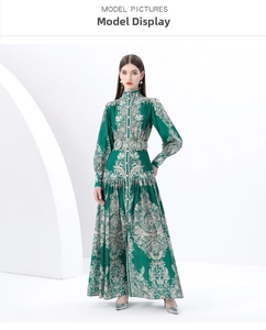 Detail of elegant green long-sleeved floral maxi dress with stand collar and belted waist