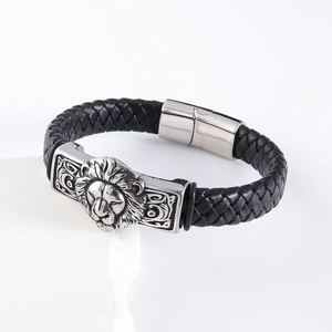 Punk braided leather lion head bracelet with magnetic buckle for men in silver and black