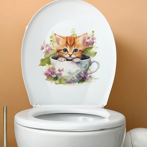 Cartoon ginger cat in teacup floral wall sticker for bathroom and home decoration