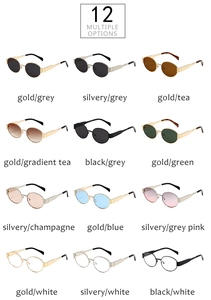 Grid view of small oval sunglasses in twelve color options with metallic frames