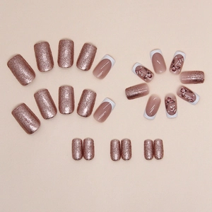 Sparkly rose pink long square press-on nails with butterfly patterns and glitter