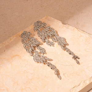 Silver rhinestone leaf tassel earrings for women with minimalist metallic dangle style