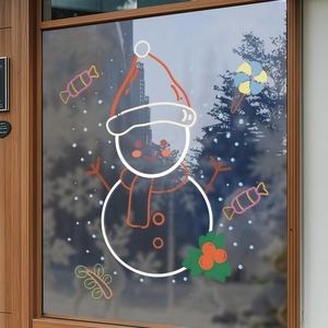 Stickers Fenêtre Noël Statique PVC Autocollant Bonhomme De Neige Flocon De Neige Double Face Décoration Vitrine