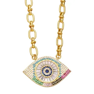 Evil Eye pendant necklace with colorful zircons on a thick gold-plated chunky metal chain