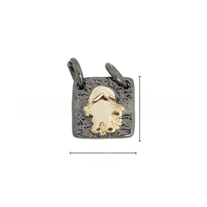 Detail view of 9.1mm square gold girl relief pendant on black silver base for DIY jewelry