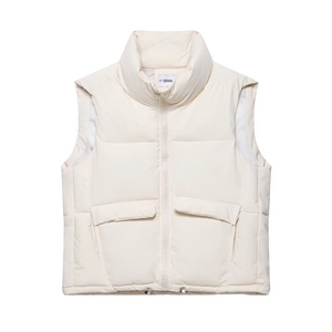 Puffy beige stand collar sleeveless puffer vest with large pockets and drawstring hem
