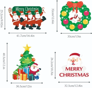 Detailed size chart for Christmas door signs featuring Santa Claus and reindeer designs