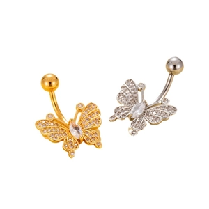 Sparkling butterfly belly rings with micro-set zircon in gold and silver finishes