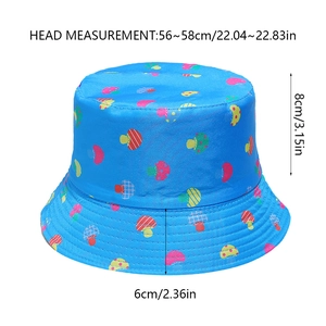 Detail showing bright blue mushroom print bucket hat with dimensions and head measurement