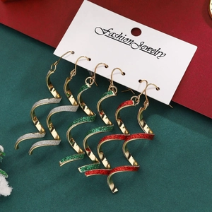 Three-pair Christmas spiral drop earring set in festive red, green, and silver glitter finish