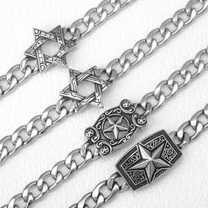 Hip hop stainless steel cuban chain bracelets with hexagram and star charms in silver finish