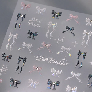 3D Embossed Nail Art Stickers French Bow Ribbon Starry Laser Holographic Design DIY Self-Adhesive Decals For Women