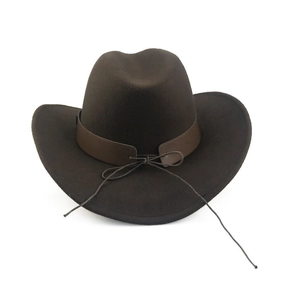 Detail of dark brown felt cowboy hat with wide leather decorative band and rope tie