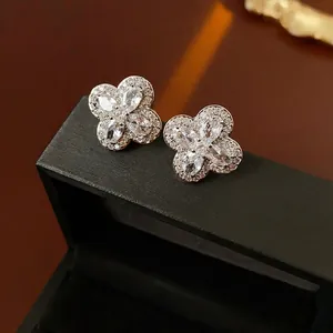 Elegant S925 silver four-leaf clover stud earrings with marquise-cut zircon stones