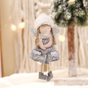 Plush Christmas angel ornament with silver lace wings and grey dress for tree decor