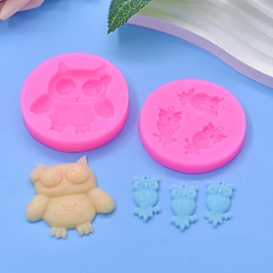 Pink owl silicone molds for DIY baking and soap making with blue finished samples