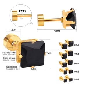 Detailed view of black square zircon stud earrings in various sizes with screw backs