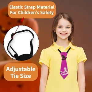 Purple glitter Halloween tie for kids featuring white ghost prints and adjustable strap