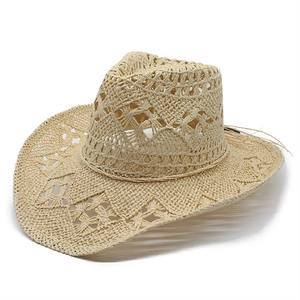 Handwoven hollow-out straw cowboy hat in beige with breathable diamond weave patterns