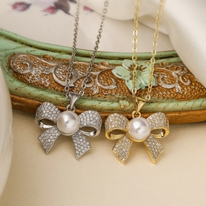 Bowknot Artificial Pearl Pendant Necklace Copper Gold Plated With Zircon Elegant Fashion Jewelry For Women