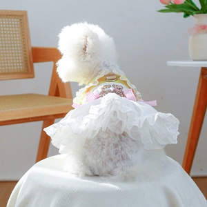 Detail of yellow dog dress featuring teddy bear embroidery and lace skirt on a white dog