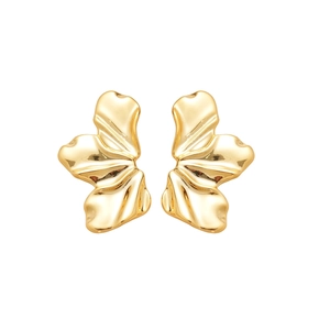 Minimalist gold irregular leaf petal earrings with polished metallic surface on white background