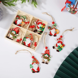 Detail of hand-painted wooden Christmas gnome ornaments set on a festive background