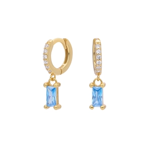 Detail of s925 silver gold hoop earrings with light blue zircon and white diamonds