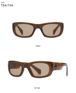 Front and side view of oversized square tea brown sunglasses with metal star detail