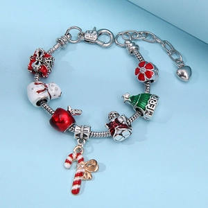 Silver snake chain Christmas charm bracelet with colorful enamel beads and snowman pendants