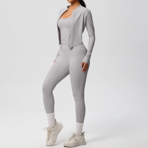 Three-piece light gray yoga set with zip jacket, tank top and leggings in brushed fabric