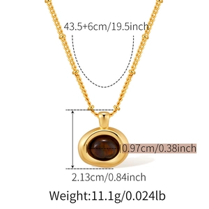 Detail showing dimensions of vintage gold necklace with oval pearl shell pendant