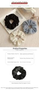 Detailed view of tweed fabric scrunchies with pearls and sequins in three colors