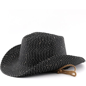 Black straw cowboy hat with white speckles and brown braided chin strap for summer