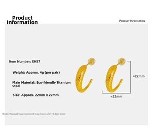 Detail showing dimensions of gold titanium steel C-hoop earrings with textured finish
