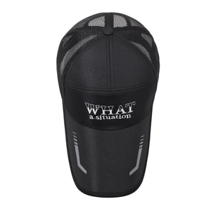 Black breathable mesh baseball cap with WHAT a situation print and long sun visor