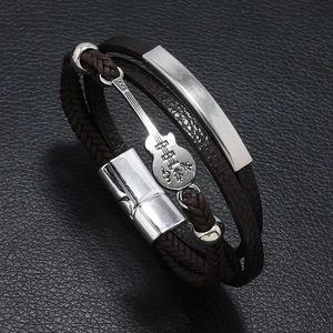 Men's punk multilayer leather bracelet with silver guitar pendant and magnetic clasp