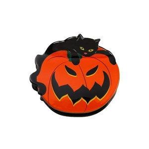 Pinza per capelli Halloween con gatto nero su zucca arancione con finitura lucida