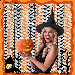 Halloween party fringe curtain backdrop with orange and black bat patterns for festive decor