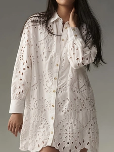 White long-sleeve cotton shirt dress with hollow-out embroidery and broderie anglaise