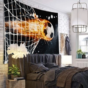 Tapisserie de football avec ballon en flammes pour décoration murale de chambre