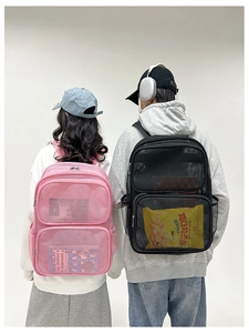 Dual view of pink and black breathable mesh backpacks on models showing large capacity