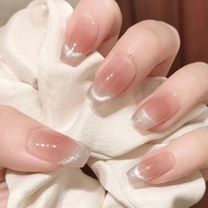 Handmade Cat Eye Press On Nails ABS Resin Nude Pink Gradient French Tip Star Pattern False Nails For Women Daily Manicure