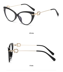 Cat-eye glasses detail showing gold metal temples with rhinestone rings at 45-degree angle